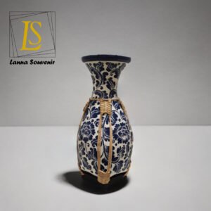 Navy Floral Handcrafted Vase with Rattan Accents