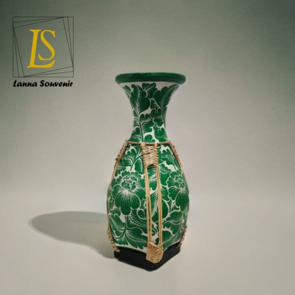 Green Floral Handcrafted Vase with Rattan Accents