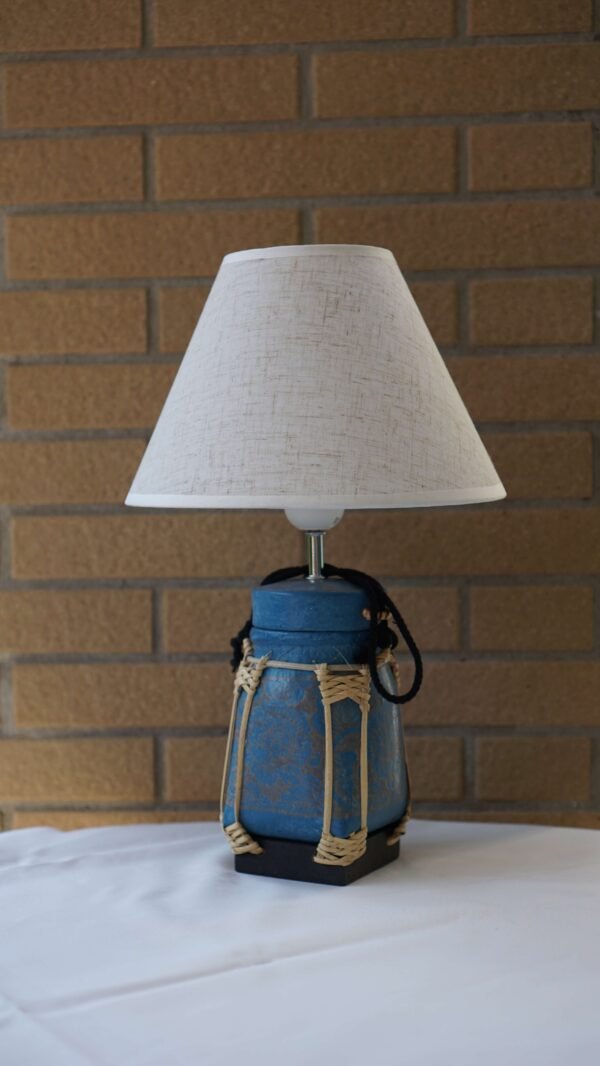 Handcrafted Blue Bamboo Lamp with Gold Floral Accents